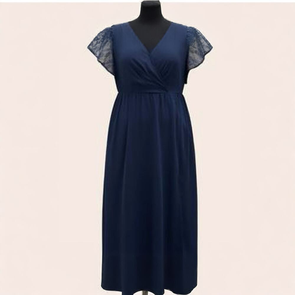 BloomChic Plus Size 1X/14-16 Blue Lace Mesh Maxi Dress Flutter Sleeve NWT - Picture 3 of 8